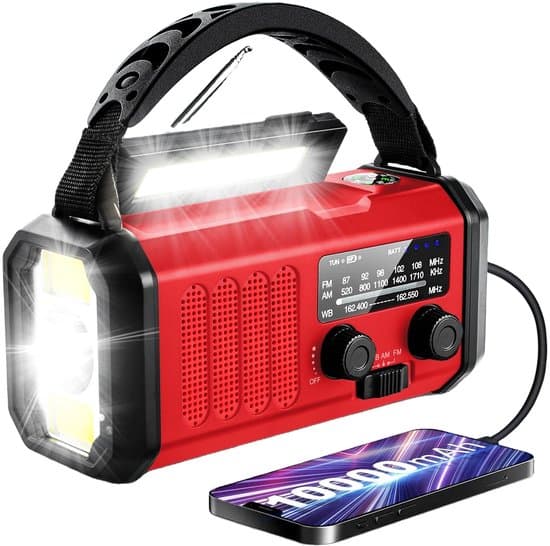 Nödradio med sol- och vevdrift (10 000 mAh), överlevnadskit modell 2025 med powerbank och uppladdningsbar ficklampa, röd