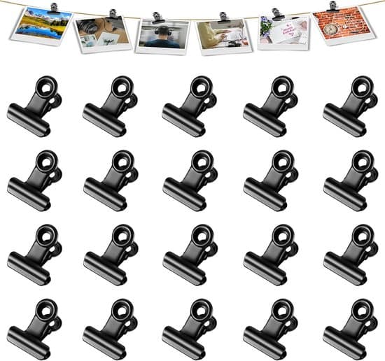 20 sorte mapper, 22 mm metalhængslede clips til fødevareemballage, mini fotoclips og små papirclips.