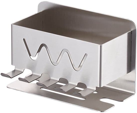 Tandborsthållare i 304 rostfritt stål med förvaringsfack och 6 krokar, borrfri, mått 11 x 5 x 7,1 cm, matt rostfritt stål