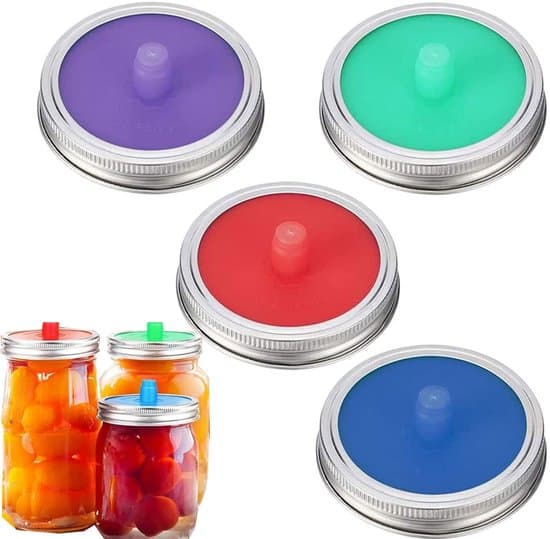 Mason Jar Set om 4, Silikonfermenteringstillbehör, Stort Lock, Livsmedelssäkert Material, Vattenlöst Fermenteringslås, för Surkål/Kimchi, Fermentering