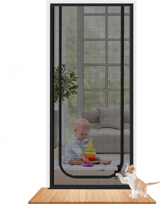 Förtjockad kattsäker nätinsektsdörr med dragkedja för husdjur (svart, 90x220cm)