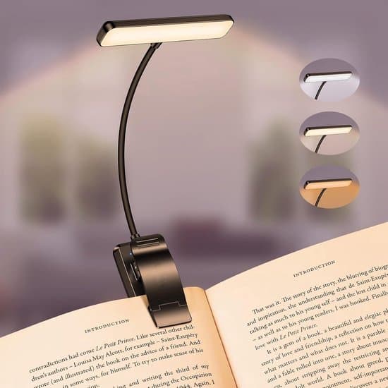 USB-C Genopladelig Læselampe, 19 LED-perler, 3 Farvetilstande, Trinløs Dæmpning, 360° Fleksibel, Bogklemme.