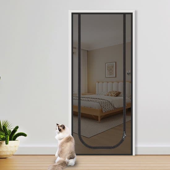 Förstärkt Kattsäker Nät-Skärmdörr med Tvåvägsdragkedja för Husdjur (Svart, 90x210cm)