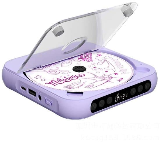 Bärbar CD-spelare, dubbla stereohögtalare, uppladdningsbar med Bluetooth, inkluderar hörlurar, CD/AUX/USB (lila)