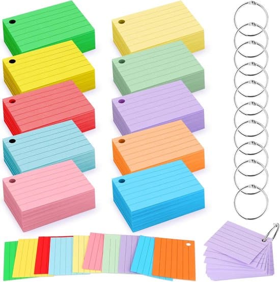 1000 A8 indekskort - 10 farver - Linjeret ringbind - Til ordforråd/noter - 7,4*5,1 cm