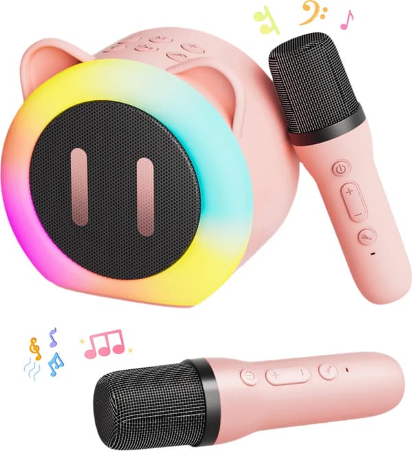 Karaokemaskin med två trådlösa mikrofoner, en barnmikrofon och en bärbar Bluetooth-högtalare med röstförändrande effekter och LED-lampor.