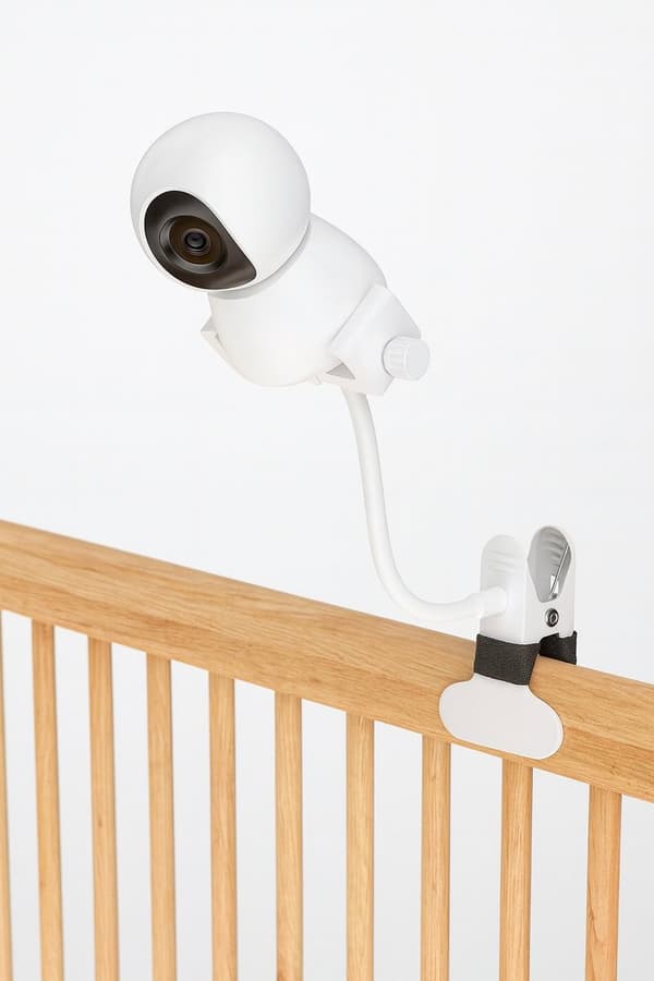 Universal Babyalarmholder – Robust Klips og Fleksibel Arm – 360° Roterende Babykamera Stativ – Hvid