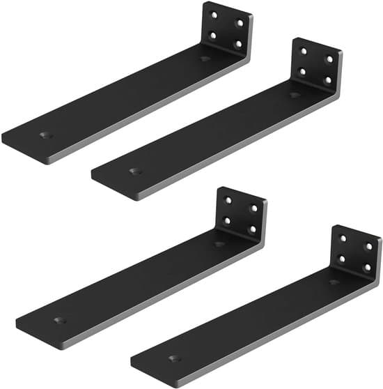 4-delade kraftiga L-formade hyllkonsoler i metall, 4 mm tjocka, dolda flytande, för väggar, eldstäder, bokhyllor - Svart