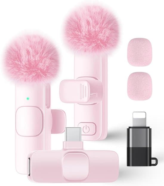 2-pack trådlösa lavaliermikrofoner med Plug & Play för alla telefoner – Rosa