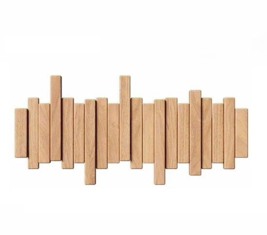 Väggmonterad klädhängare — Pianotangentskrokar — Massivt trä — Förvaringssystem bakom dörren — Väggpanel med 6 krokar — 41 x 20,8 cm