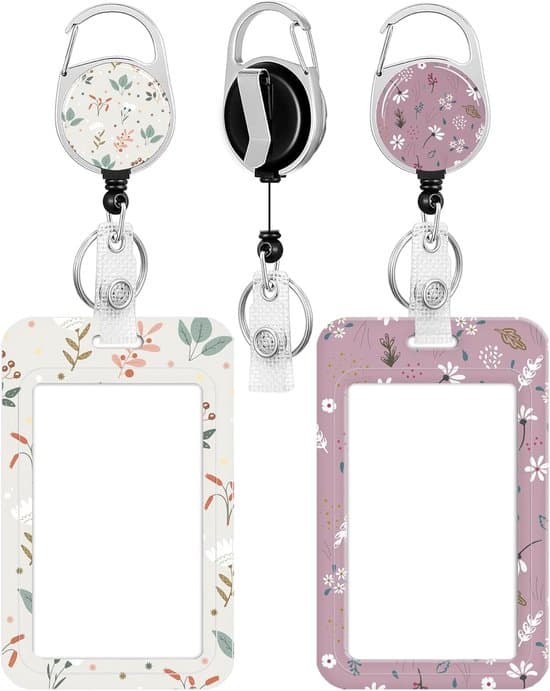 ID-kortholdere og udtrækkelig badge-rulle, blomsterdesign, lærere/studerende/kontor, 2-pak, pink/hvid