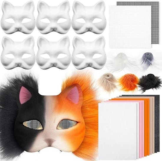 Mask - DIY Maskset - Med Bas - Plyschmaterial - Handmålad - Nätring - Målad Tom Katt - för Partykostymer - Vit