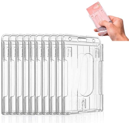 Sæt med 15 lodrette kortholdere – hård plast – ID-kort og kreditkort – gennemsigtig – kontorbrug, studie-ID'er, licenser – 8,6x5,4 cm
