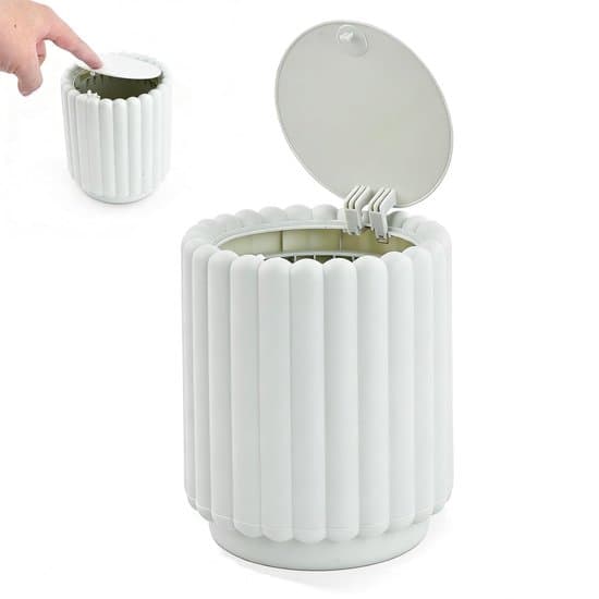 15 cm hög modern vit plast \"Push-To-Leaf\" skrivbords mini-papperskorg