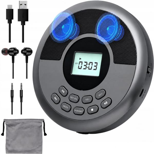 Bärbar CD-spelare med Bluetooth, AUX-ingång, högtalare och stöd för hörlurar.