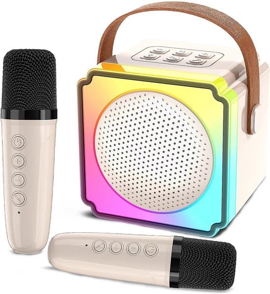 Minikaraoke med 2 trådlösa mikrofoner för barn i åldern 4-8-12 år, karaokemaskin för småbarn för flickor och pojkar (vit)