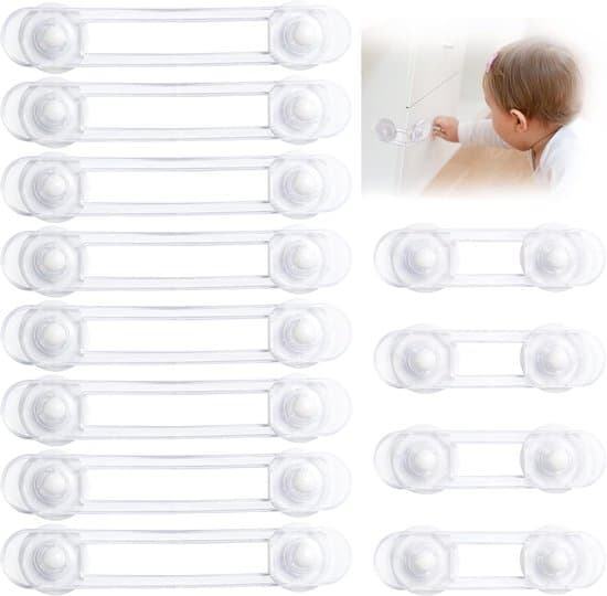 Set med 12 transparenta barnskyddslås för lådor och skåp med 3M självhäftande tejp.