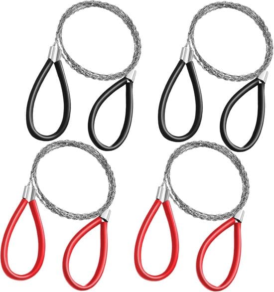 4 stycken vajersåg i rostfritt stål med handtag, nödräddningsverktyg, för trä, camping, vandring, jakt (röd/svart)