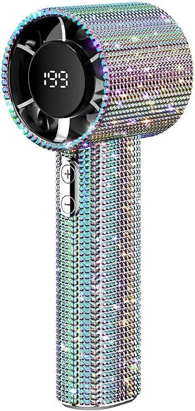Lyxig Diamant Handhållen Fläkt – USB-C Uppladdningsbar – Minifläkt med Digital Display – Justerbar Vindhastighet – Bärbar Inomhus/Utomhus – 15cm