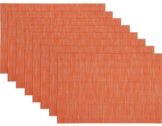 Et sæt med 6 dækkeservietter, lavet af vævet vinyl, vaskbare, varmebestandige, velegnede til indendørs og udendørs brug, orange.