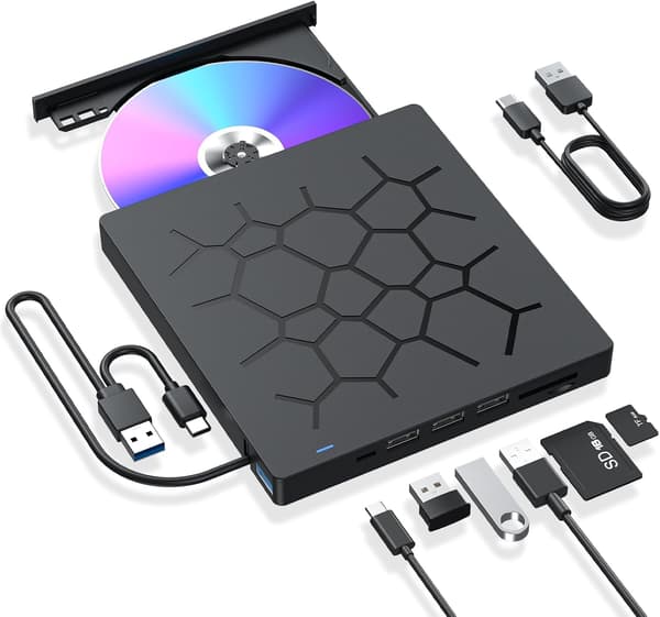 Ulkoinen CD/DVD-asema kannettaville tietokoneille, 7-in-1 USB 3.0 kannettava DVD-soitin, CD-ROM-poltin, ulkoinen optinen asema, yhteensopiva kannettav