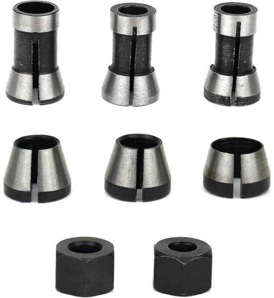 Frässpännhylssats, 6-delad stål, hög precision, spännhylsadaptrar, för träbearbetningssnideri och trimningsmaskiner, 6mm 6.35mm 8mm med 2 muttrar