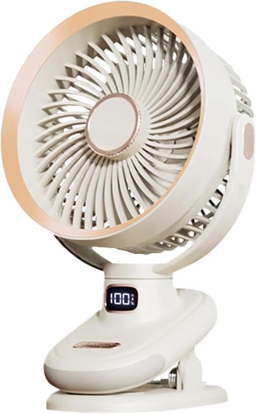Uppladdningsbar USB Mini Clip-on Fläkt, 5 Hastigheter, Oscillerande, Tyst Bärbar Retro Stil, Beige.