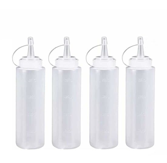 4 stycken - 200 ml - Dispenserflaska - Klämflaska - Såsflaska - Garneringsflaska - Plast - Vit - med pipkork - Läckagesäkra lock