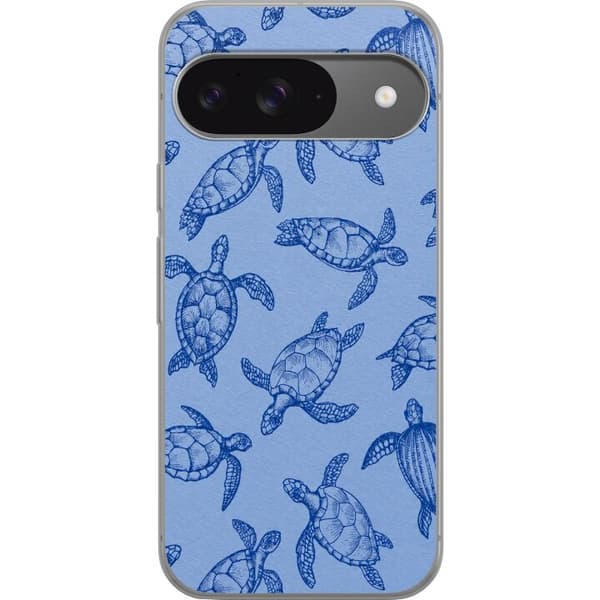 Yhteensopiva Puhelinkuori Google Pixel 9 Pro Merenkuvio, jossa yksityiskohtaisia merikilpikonnia sinisävyissä