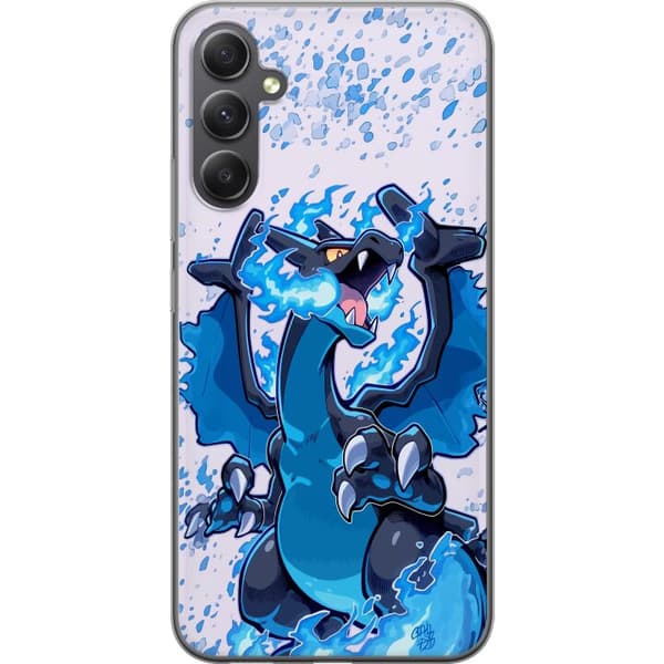 Kompatibel Mobilcover til Samsung Galaxy A15 5G Blå dragefigur omgivet af flammende energi, store kløer og mørke detaljer i et kraftfuldt fantasymoti
