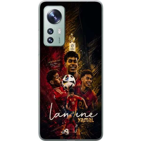 Kompatibelt Mobildeksel til Xiaomi 12 Lamine Yamal i illustrert fotballmotiv med flere portretter, Spania og dramatiske røde og svarte toner