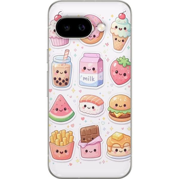 Kompatibelt Mobilskal till Google Pixel 9a Fantasifulla kawaiiillustrationer med söta matfigurer i mjuka pastellfärger