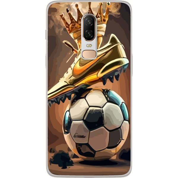 Kompatibelt Mobilskal till OnePlus 6 Fotboll och krona i gyllene färgskala som skapar ett dekorativt sportinspirerat uttryck