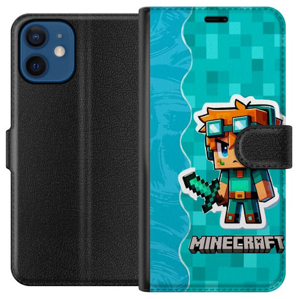 Kompatibelt Plånboksfodral till Apple iPhone 12 Pixelstil figur med svärd och turkos blockig bakgrund i spelinspirerad design