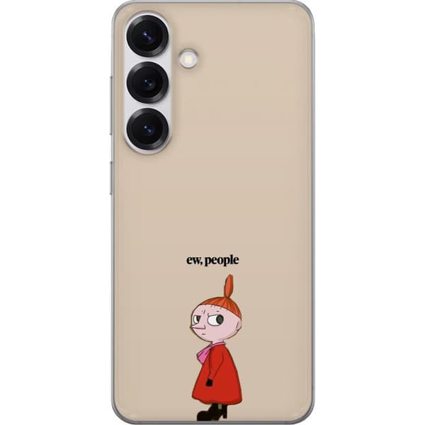 Kompatibel Mobilcover til Samsung Galaxy S25 Minimalistisk motiv med rødhåret tegnet pige i rød kjole og et humoristisk tekstbudskab på beige baggrun