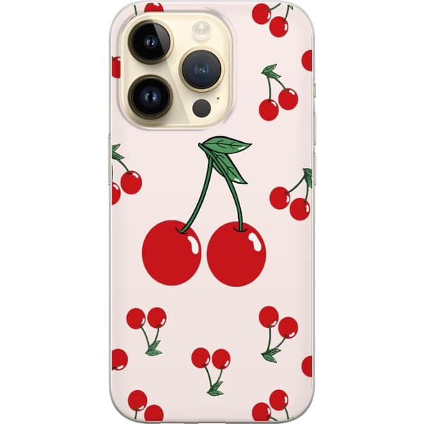 Kompatibelt Mobilskal till Apple iPhone 15 Pro Illustrerat körsbärsmönster med röda detaljer och mjuk beige ton