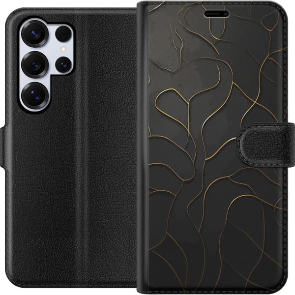 Kompatibelt Plånboksfodral till Samsung Galaxy S26 Ultra Abstrakta organiska svarta former med eleganta guldfärgade linjer