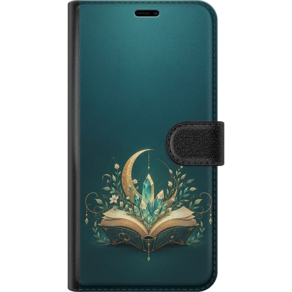 Kompatibelt Lommeboketui til Samsung Galaxy S24 FE Motiv med åpen bok med turkise krystaller, en månesigd i gullfarge og små bladornamenter på mørk t