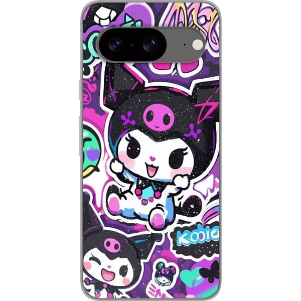 Kompatibelt Mobilskal till Google Pixel 8 Illustrerad Kuromi med dekorativa detaljer i lila, rosa och turkosa nyanser