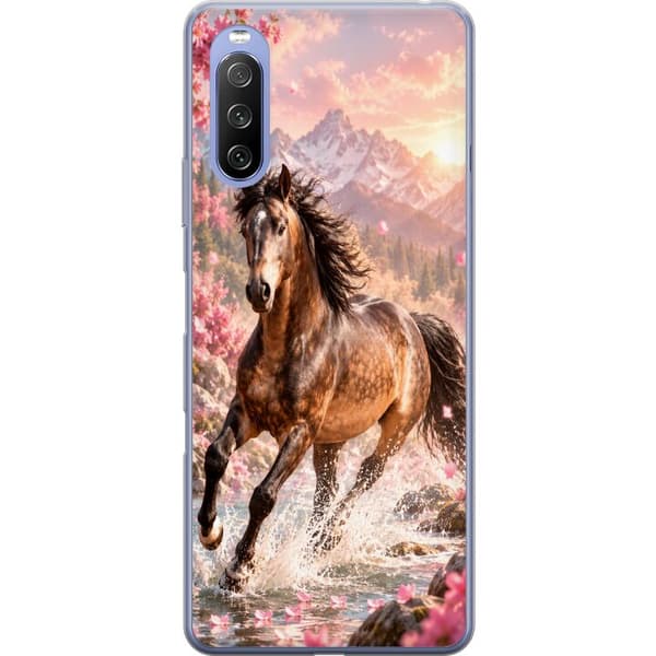 Kompatibel Mobilcover til Sony Xperia 10 III Lite Hest ved daggry – Rosa nuancer med hest og bjerge. Et illustreret billedmotiv med dekorative detalj