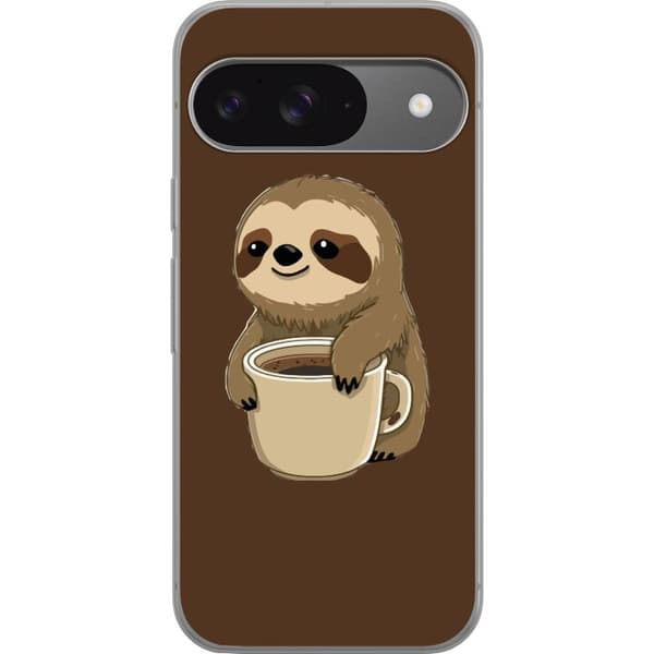 Kompatibel Mobilcover til Google Pixel 9 Pro Illustreret motiv med dovendyr og kaffekop i varm brun farveskala