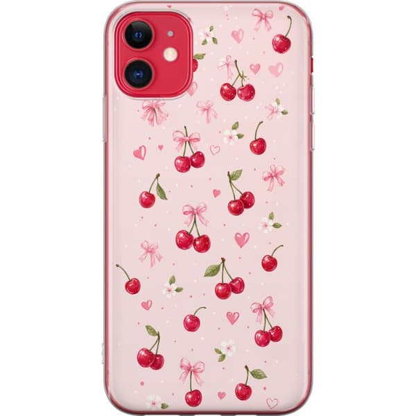 Kompatibelt Mobildeksel til Apple iPhone 11 Dekorativt kirsebærmotiv med røde bær, rosa sløyfer, hjerter og blomster på en rosa bakgrunn