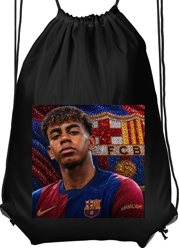 Jumppakassi Musta Lamine Yamal -aihe FC Barcelonan pelipaidassa kimaltavan sinisen ja punaisen taustan edessä Lamine Yamal -aihe FC Barcelonan pelipa