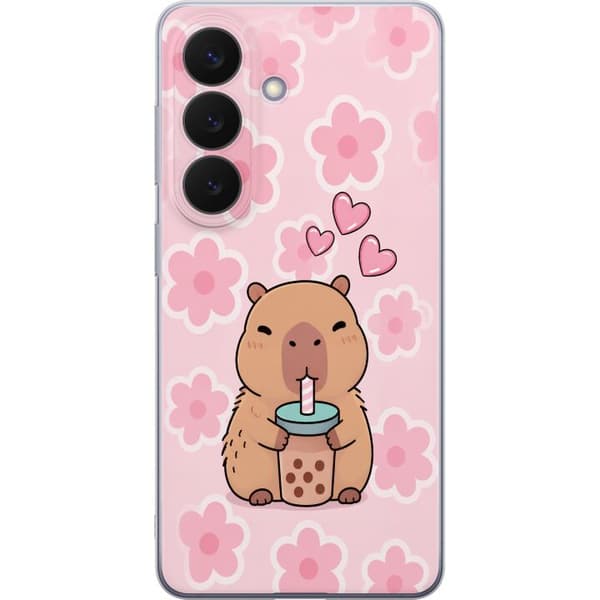Kompatibel Mobilcover til Samsung Galaxy S26 Legesyg capybara med bubble tea, lyserøde hjerter og store blomster i et blødt tegnet motiv