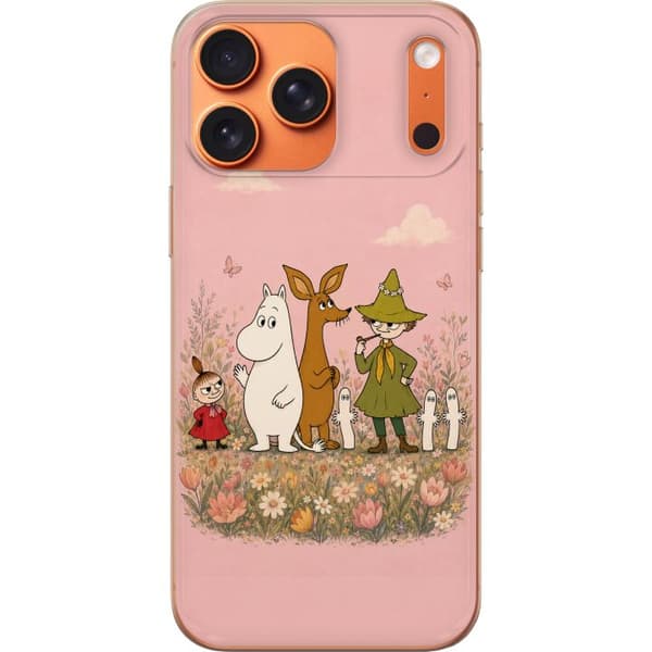 Kompatibel Mobilcover til Apple iPhone 17 Pro Max Illustreret motiv med Mummitrold figurer omgivet af blomster og bløde pastelfarver.