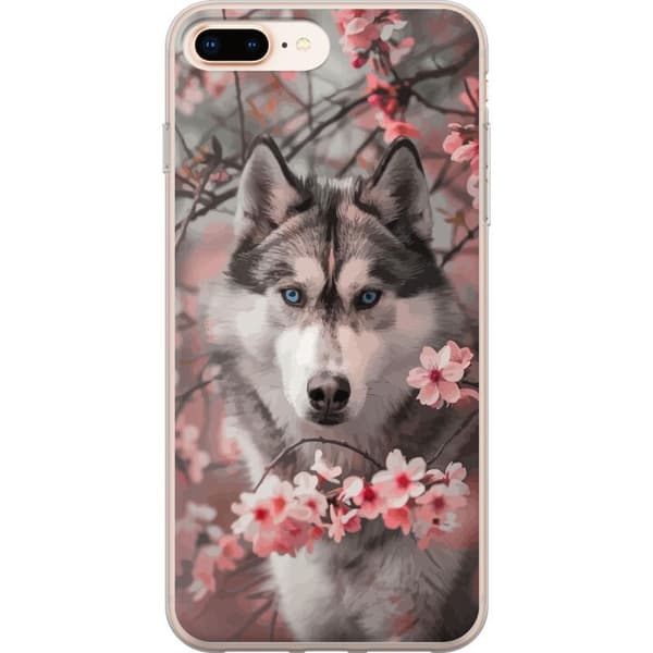 Kompatibel Mobilcover til Apple iPhone 8 Plus Sibirisk Husky plakat hund blå øjne kirsebærblomster ulv natur dyr blomster sød retro design