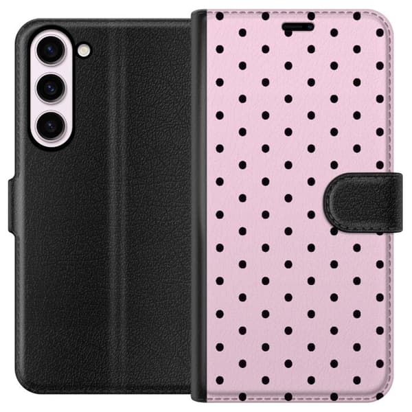 Kompatibel Tegnebogsetui til Samsung Galaxy S23+ Stilrent rosa motiv med jævnt fordelte sorte prikker