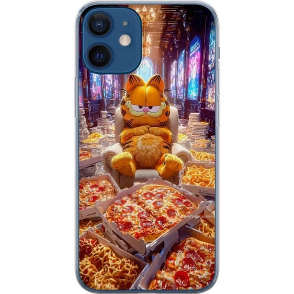 Kompatibel Mobilcover til Apple iPhone 12 Animeret orange kat i lænestol omgivet af pizza og fastfood i humoristisk miljø