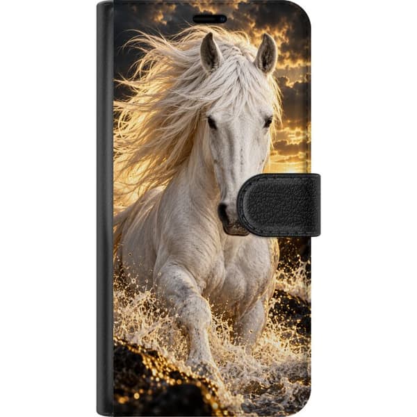 Kompatibelt Lommeboketui til Samsung Galaxy A16 5G Månehest – Sorte nyanser med hvit hest. Et dekorativt illustrert motiv med en tydelig komposisjon