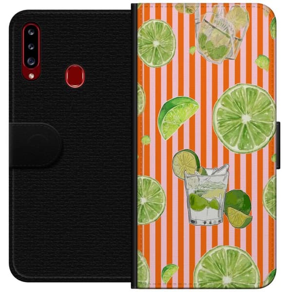 Kompatibelt Lommeboketui til Samsung Galaxy A20s Illustrert drink med lime og sitrusfrukter mot oransje- og rosastripet bakgrunn